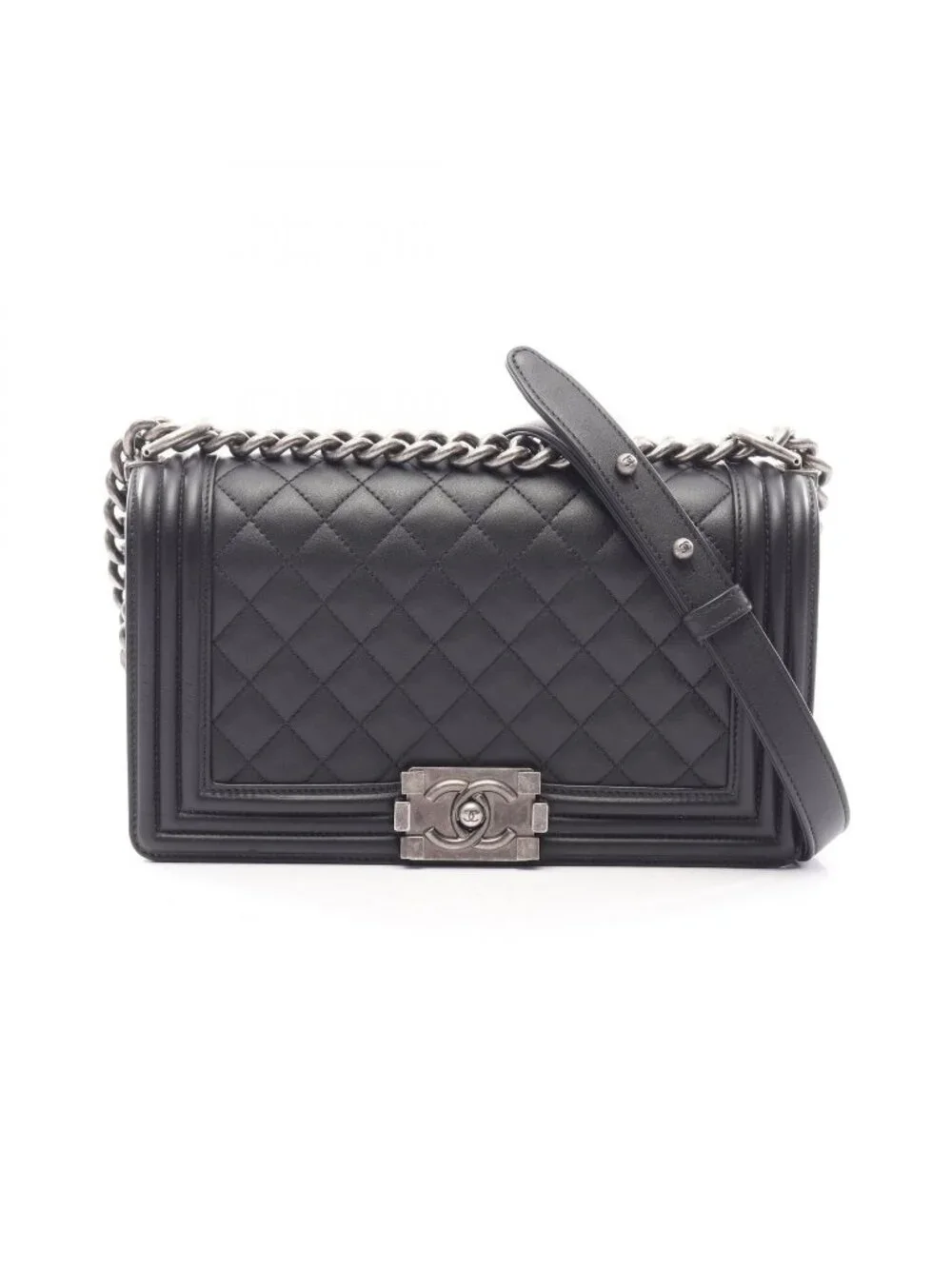 Chanel Shoulder Bag Boy Antique Silver Black Lambskin Boy Chain